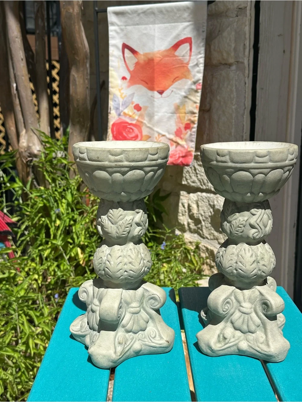 Ornate Pair of Decorative Candle Holders in Pale Seafoam